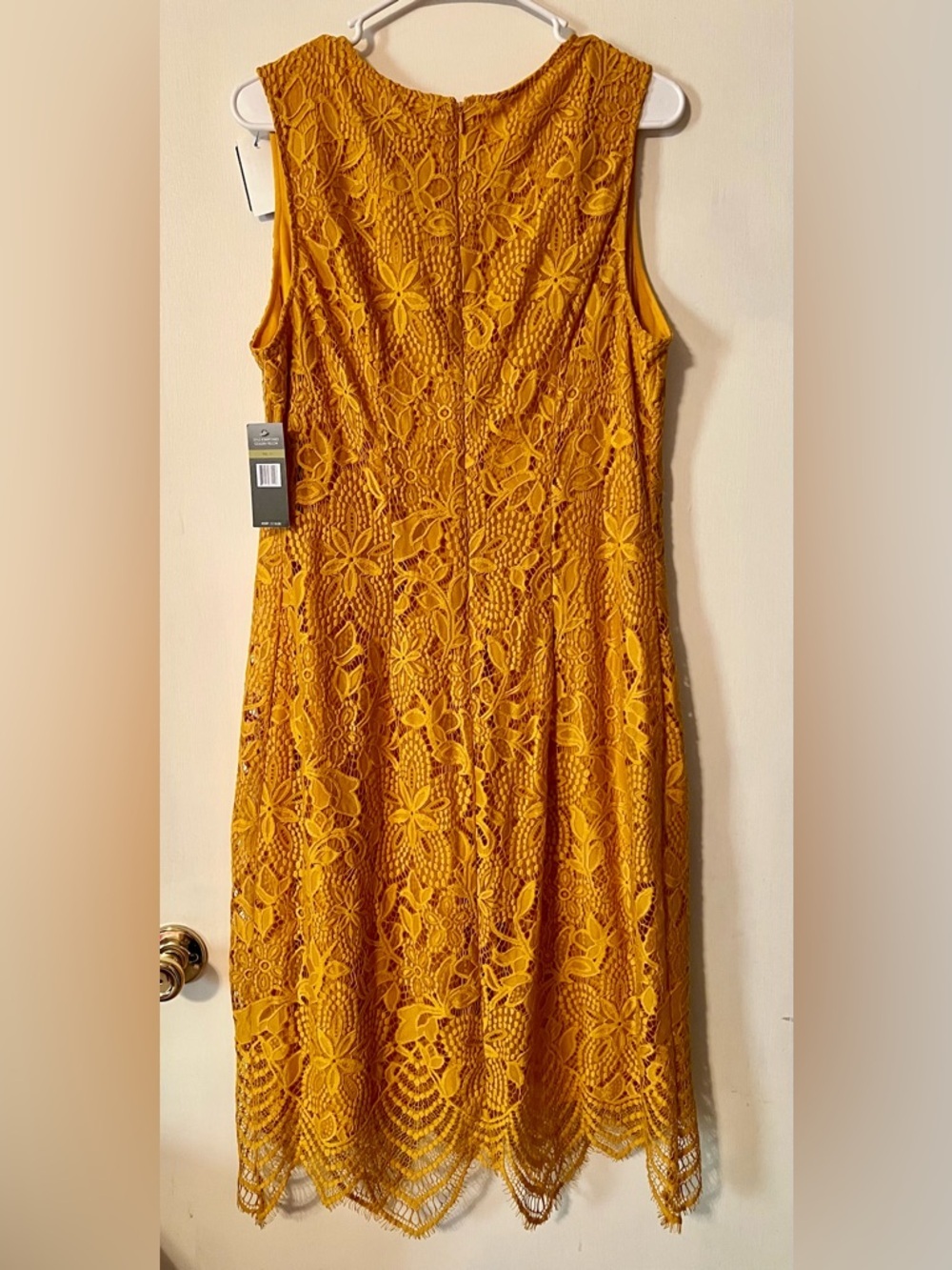 NWT Sharagano Midi Golden Yellow Lace Sheath Dress - Picture 2 of 11